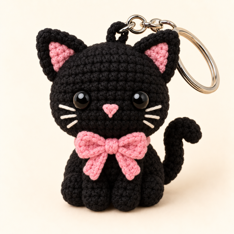 How to Crochet a Black Cat Keychain with a Pink Bow