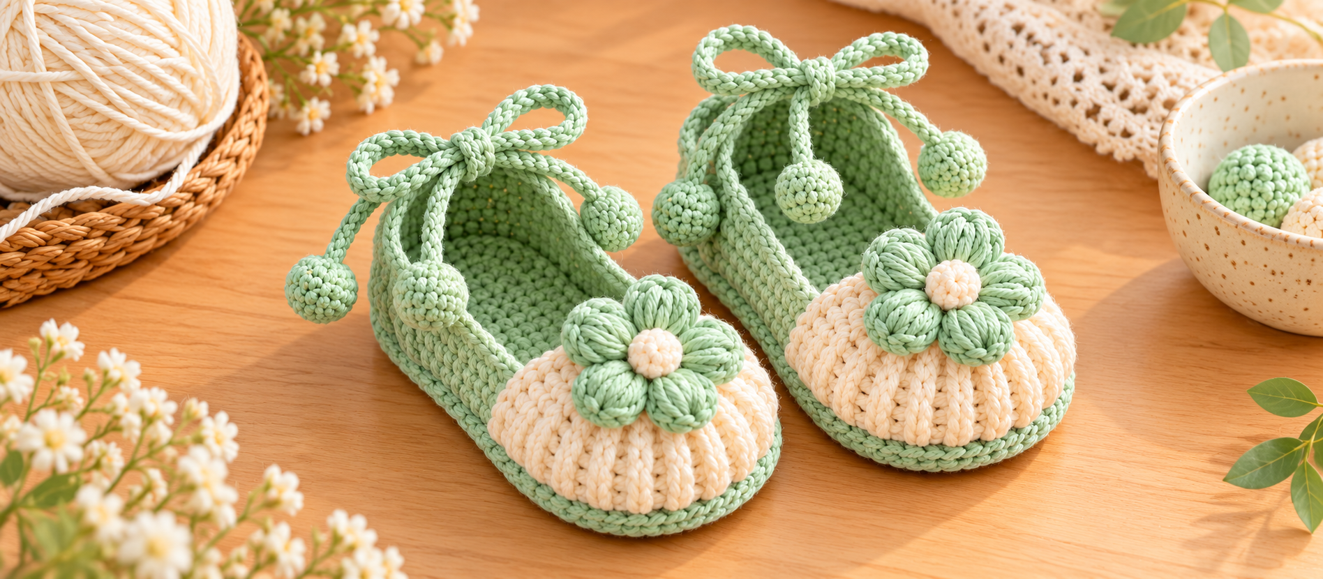 Crochet Baby Sandals Free Pattern:Puff Flower & Pom-Pom Ties