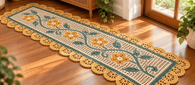 Filet Crochet Runner Rug: Free Floral Vine Pattern