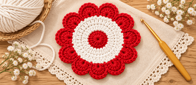 Red & White Crochet Flower Coaster – Free Easy Pattern